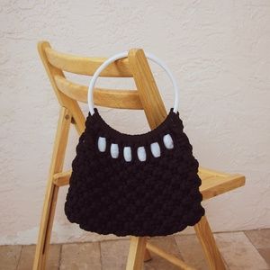 1970s Handmade Macramé Black Beaded Purse